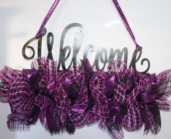 deco mesh, wreath, rail, welcome, purple, black