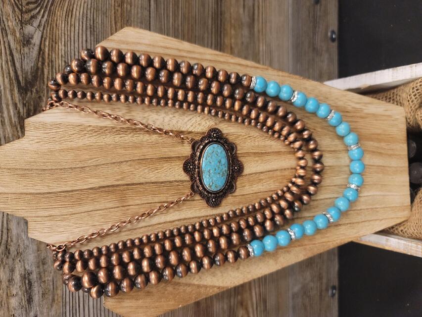 Turquoise and Copper Accents Navajo Style Pearl 2 Piece Necklace and Earring Set